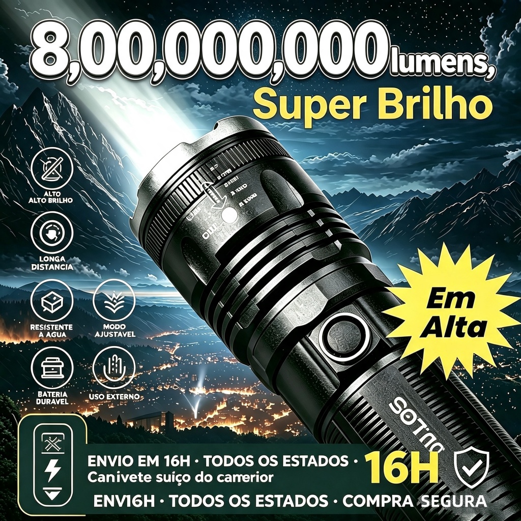 Lanterna Tática 8,00,000,000 Lúmens - Super Potente Foco Ajustável, 5 Modos, 1000m Alcance, IP65, 9000mAh Power Bank P18