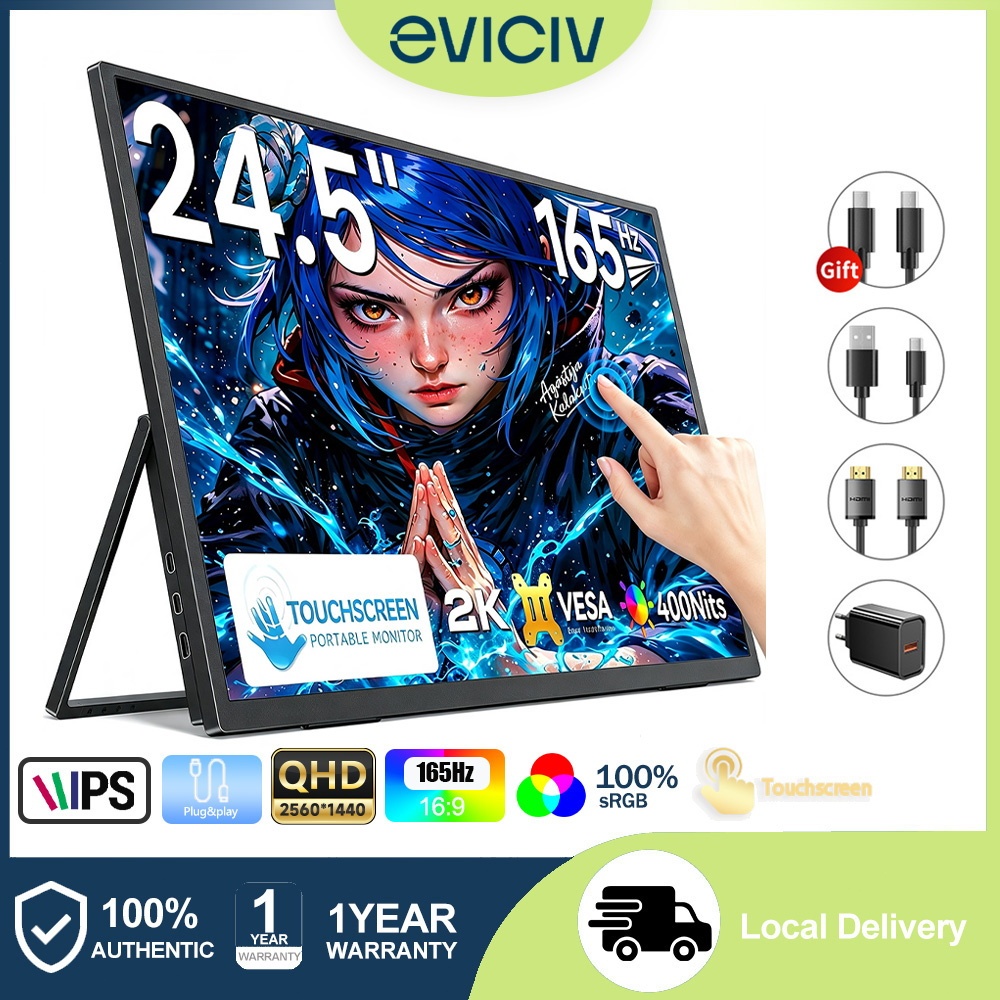EVICIV Monitor Portátil Touchscreen 24.5'' 2K 165Hz Gamer IPS HDR FreeSync Type-C Hdmi Compatível Laptop PS5 Switch Xbox