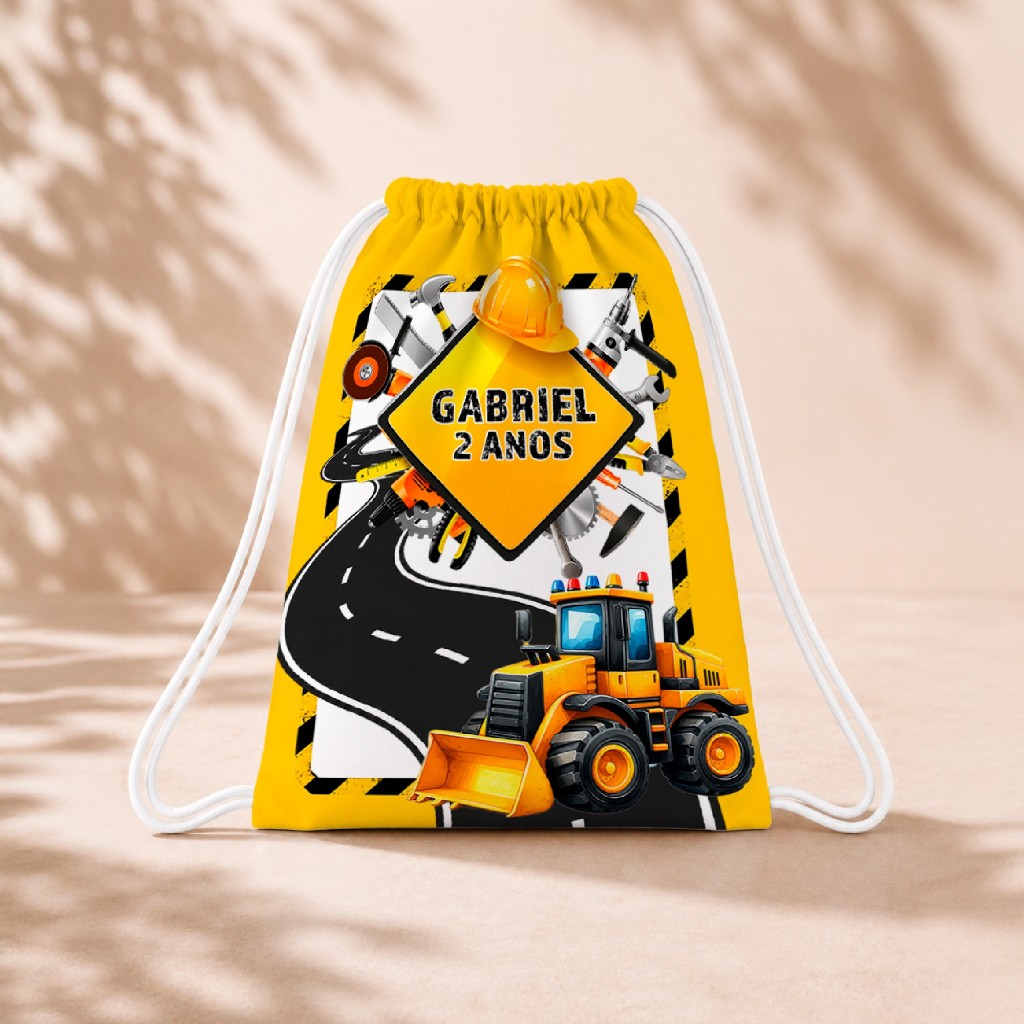 10 Mochila Personalizada Infantil 18x26 Sacolinhas Surpresa Festa Aniversário Lembrancinha Construção Trator Maquinas M1
