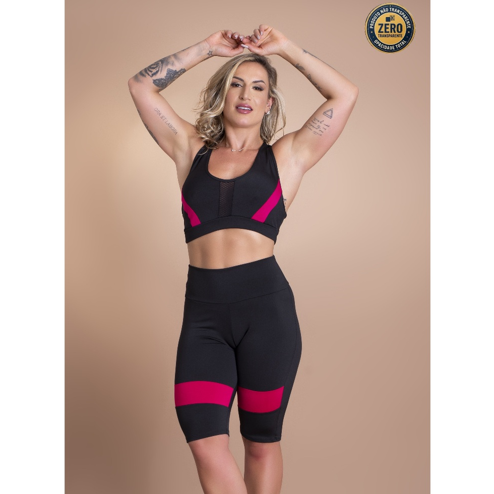 Conjunto Fitness Feminino Bermuda Ciclista Cintura Alta Recorte E Top Nadador Tela Frontal Academia ZERO TRANSPARÊNCIA