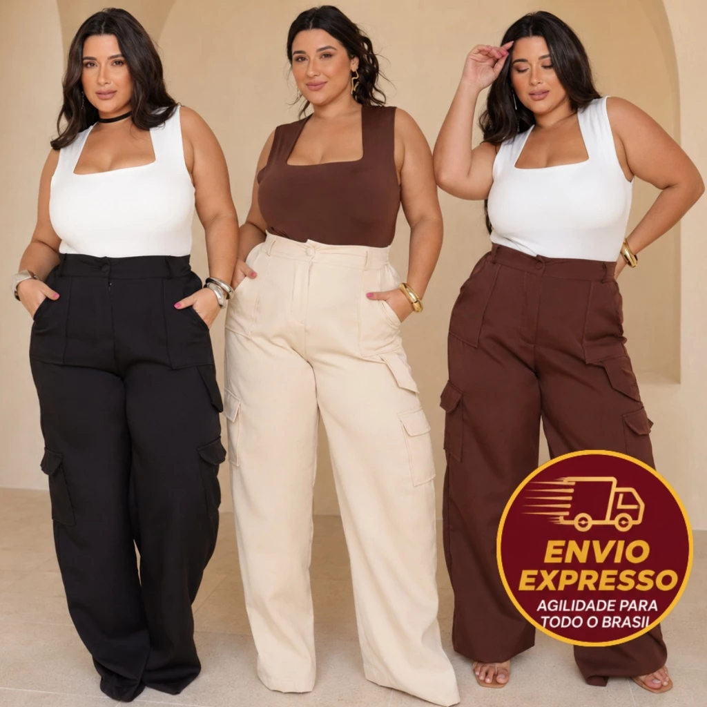 Calça Cargo Plus Size Feminina Wide Leg Com Bolsos reais Cintura Alta Elegante Calsa Calça Social — imagem 1