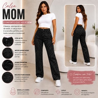 Calça Feminina Flare Preta Estampada Animal Print Cintura alta Mom Moda Feminina