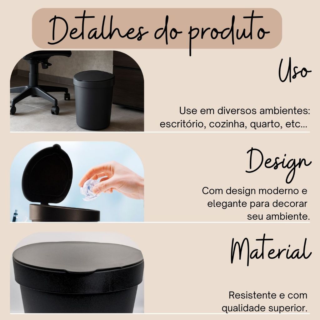 Lixeira 5 Litros com Tampa Multiuso para Banheiro Cozinha Lavabo Escritório — imagem 2 de 2
