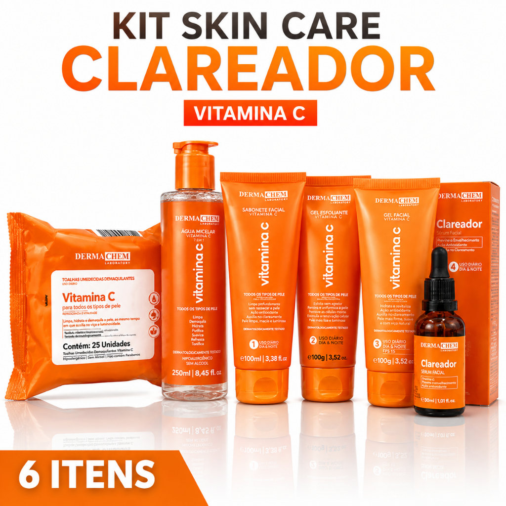 Kit Skincare Clareador Vitamina C Dermachem 6 Itens Água Micelar + Sérum + Gel Esfoliante + Sabonete + Gel + Lenço