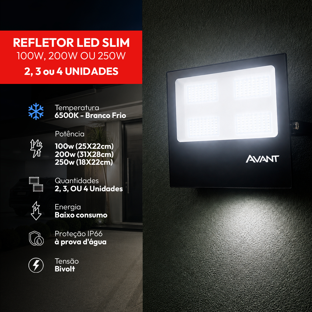 Kit de Refletor Led Slim 100w 200w 250w 6500k Branco Frio Bivolt 2, 3 ou 4 Unidades Avant