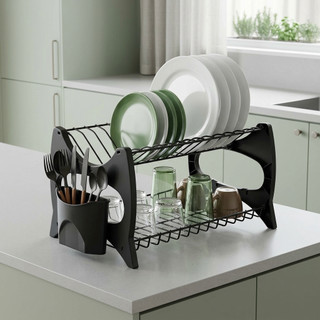 Escorredor De Louça All Black Cozinha Prato Copo Duplo C/ Porta Talheres Luxo