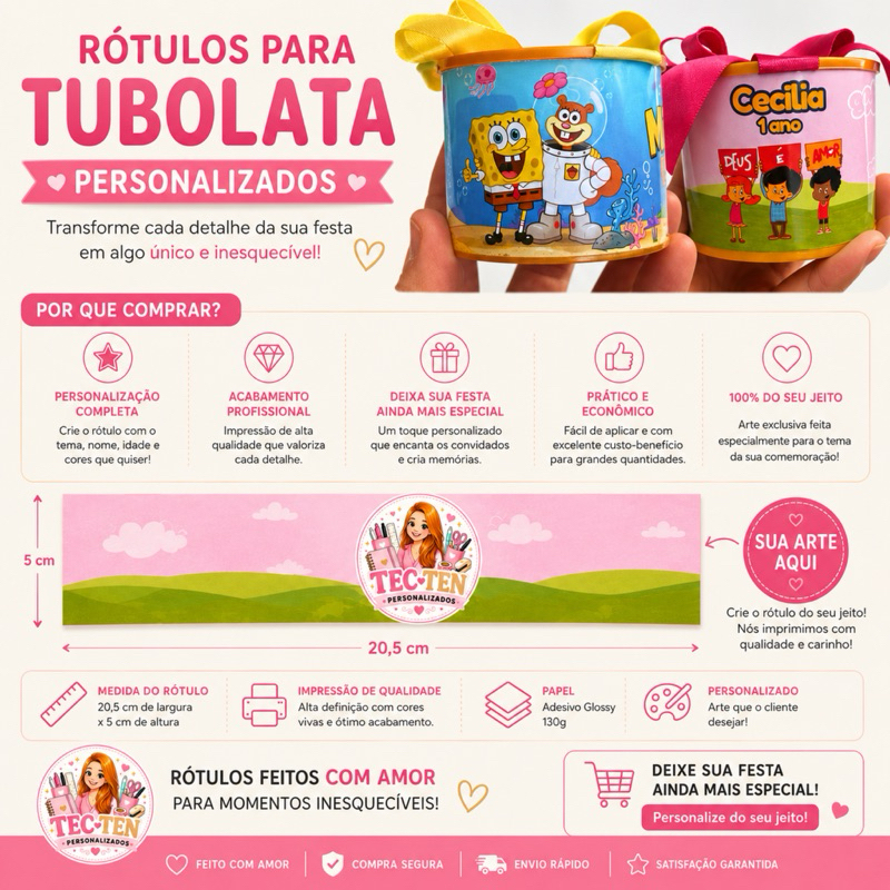 Rótulo para Tubolata Personalizado 20,5x5cm | Adesivo para Lembrancinha de Festa Infantil, Aniversário e Eventos | Temas
