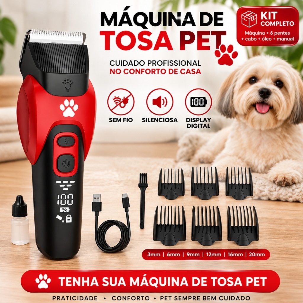 Máquina de Tosar Pelos Pets Profissional Recarregável Sem Fio Bivolt Elétrica Silenciosa Tosa