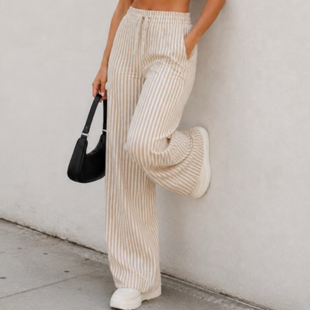 Calça Pantalona Feminina Duna Listrada Cintura Alta Soltinha e leve - M G GG