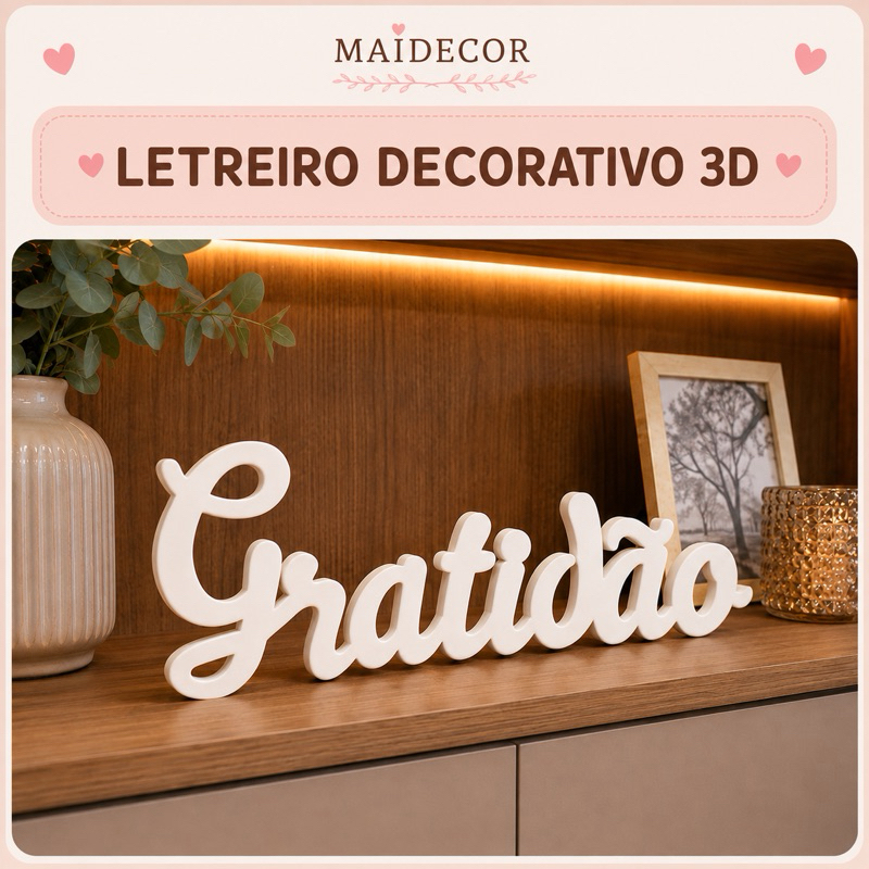 Palavra Gratidão 3D | Enfeite Decorativo para Sala | Decoração de Prateleira | Mimo para Casa