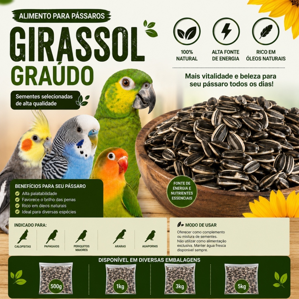 SEMENTES GIRASSOL GRAÚDO ATÉ 3KG Á GRANEL - EXTRA LIMPO, SEMENTES GRANDES E SELECIONADAS - LINHA PREMIUM