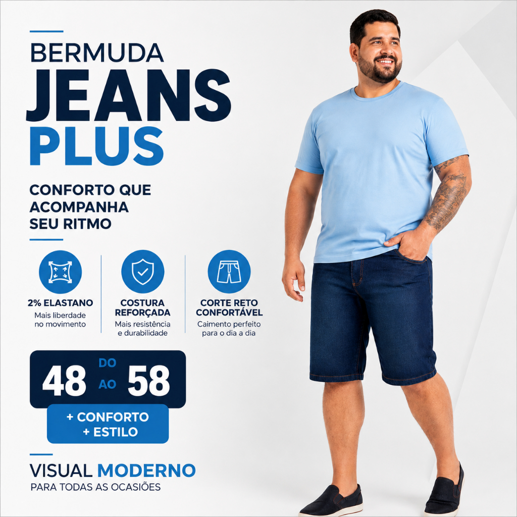 Bermuda Jeans Plus Size Masculina Tradicional Tamanho Grande Premium Do 48 Ao 58 Com Elastano Para p Dia a Dia