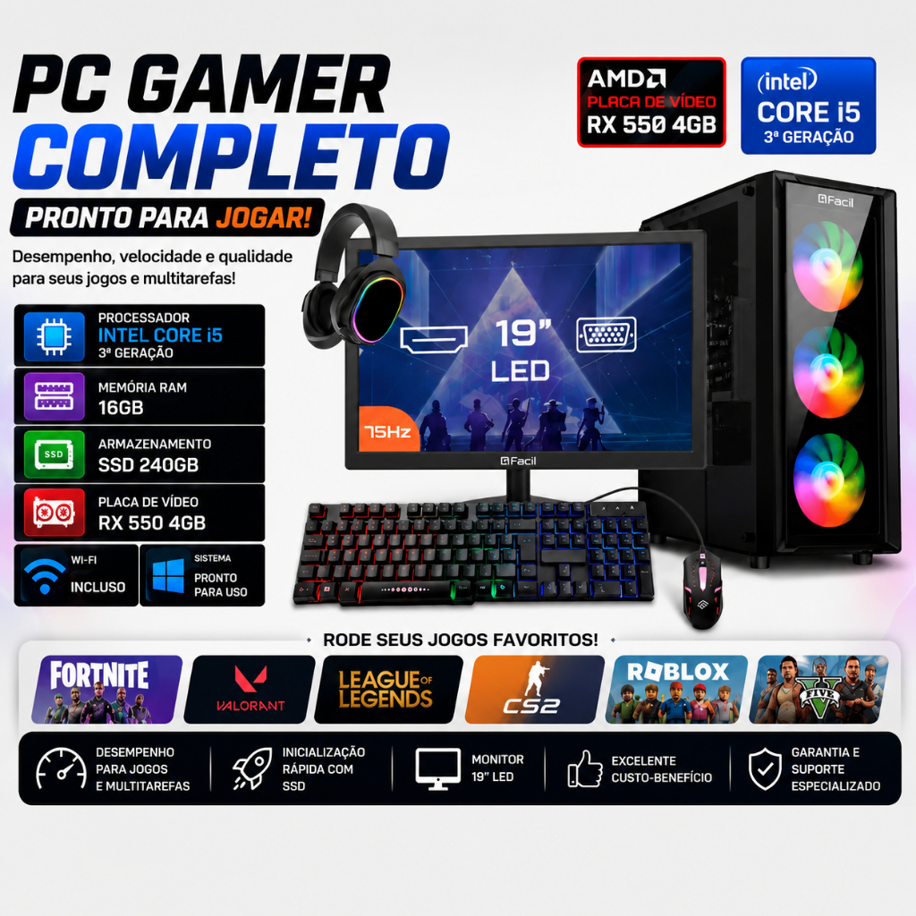 Pc Gamer Completo Intel I5 3ª 16gb Rx 550 4gb Ssd 240gb - Monitor 20'' wifi