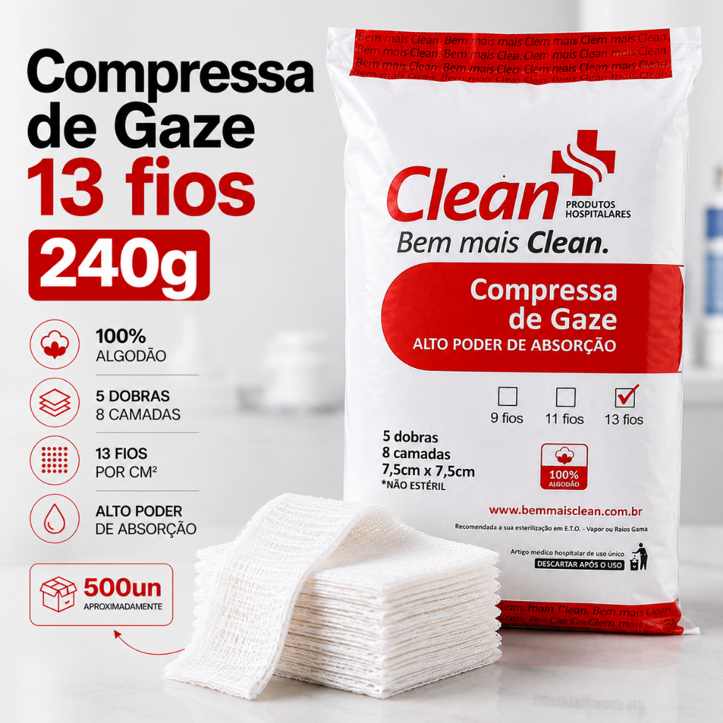 Compressa de Gaze 13 Fios 500 Unidades Hidrófila 100% Algodão Não Estéril Hospitalar