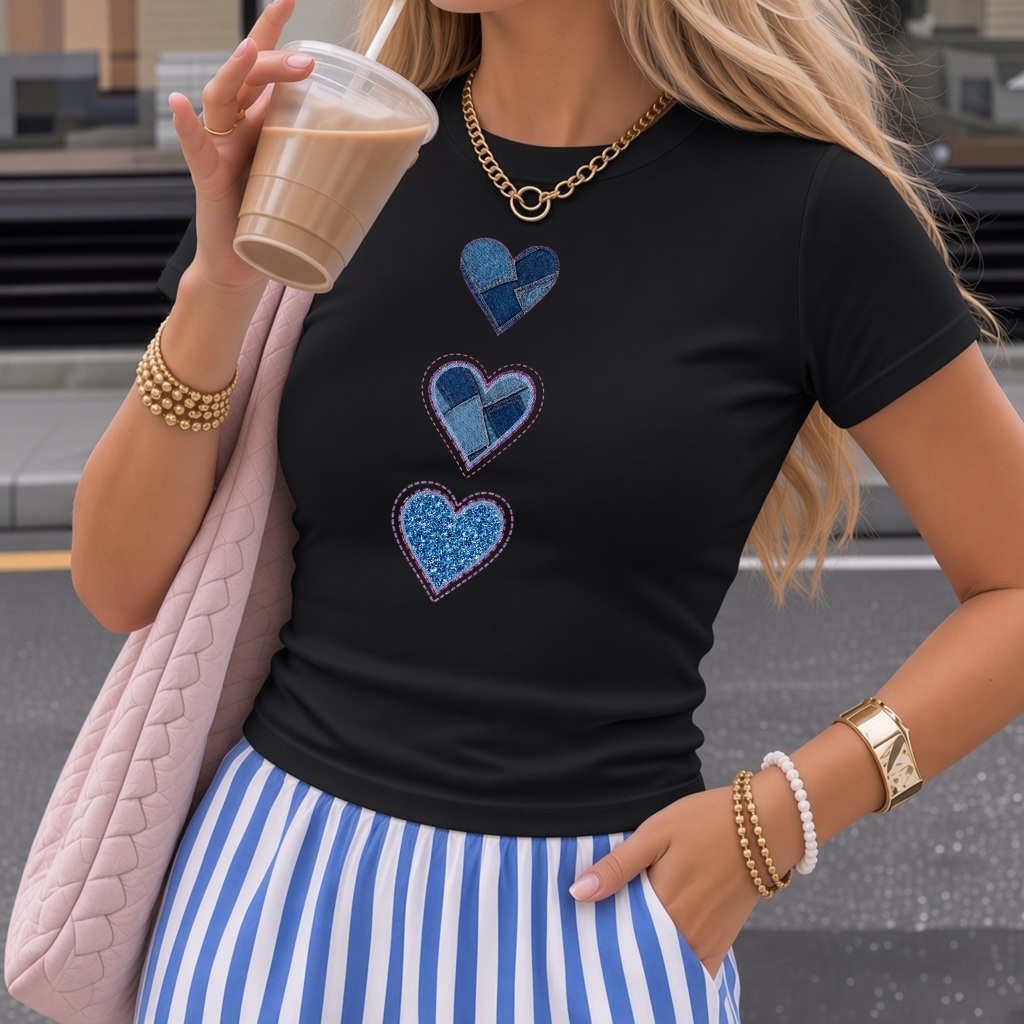 Camiseta Feminina Baby Look Estampada 3 Corações Azuis T-Shirt Blusinha Feminina Estilosa