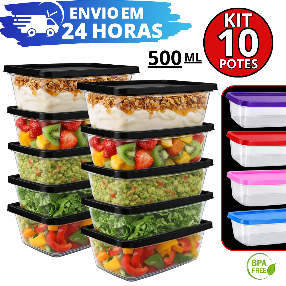 Kit 10 Potes Transparentes Marmita 500 ml Para Freezer e Microondas BPA Free REFORÇADO