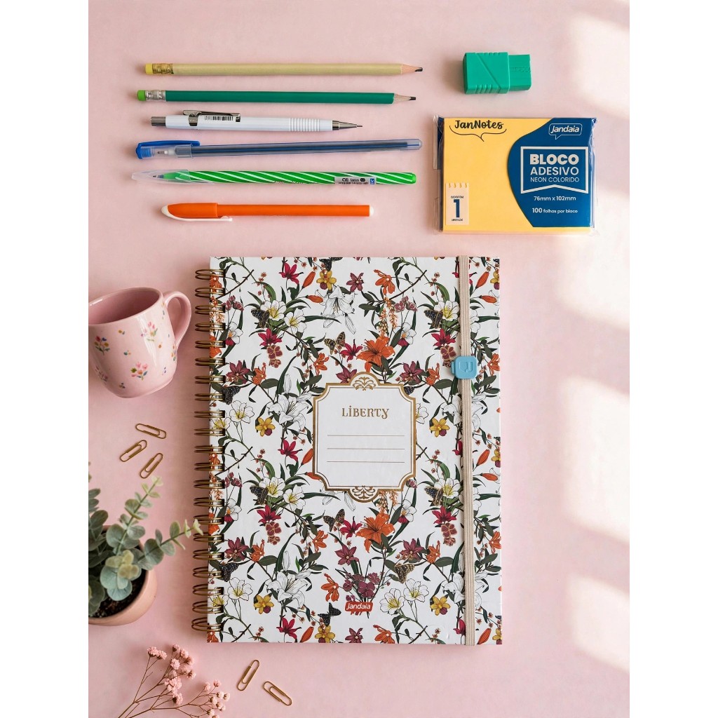 Kit Jardim de Sonhos |Kit Papelaria Premium Completo Cores Sortidas - Caderno Capa Dura Jandaia + Kit Papelaria