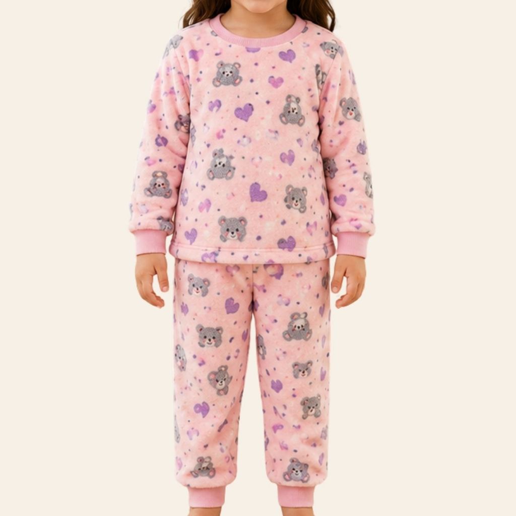 Conjunto Pijama Infantil Feminino Fleece Estampado Confortável Inverno Manga Longa