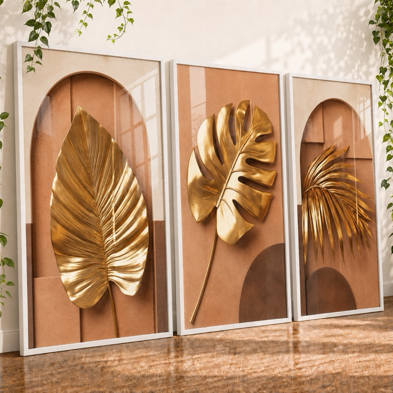 Quadros Decorativos Trio Luxo Marrom Dourado Elegante Folhas De Adão Sala