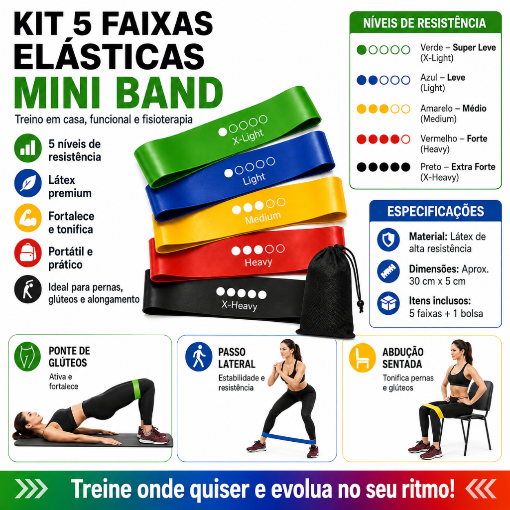 Conjunto 5 Faixas Elásticas Mini Band – Treino em Casa, Funcional e Fisioterapia