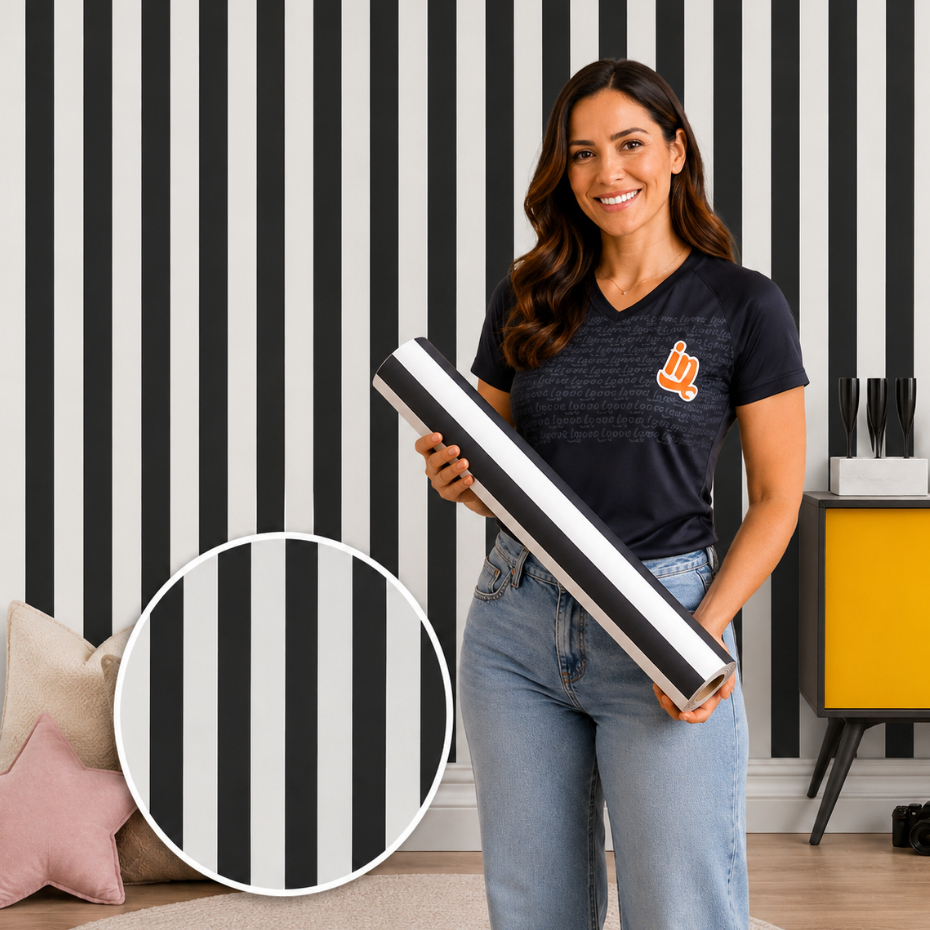 Papel de Parede Autocolante Listrado Preto e Branco Moderno para Sala Quarto