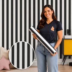 Papel de Parede Autocolante Listrado Preto e Branco Moderno para Sala Quarto