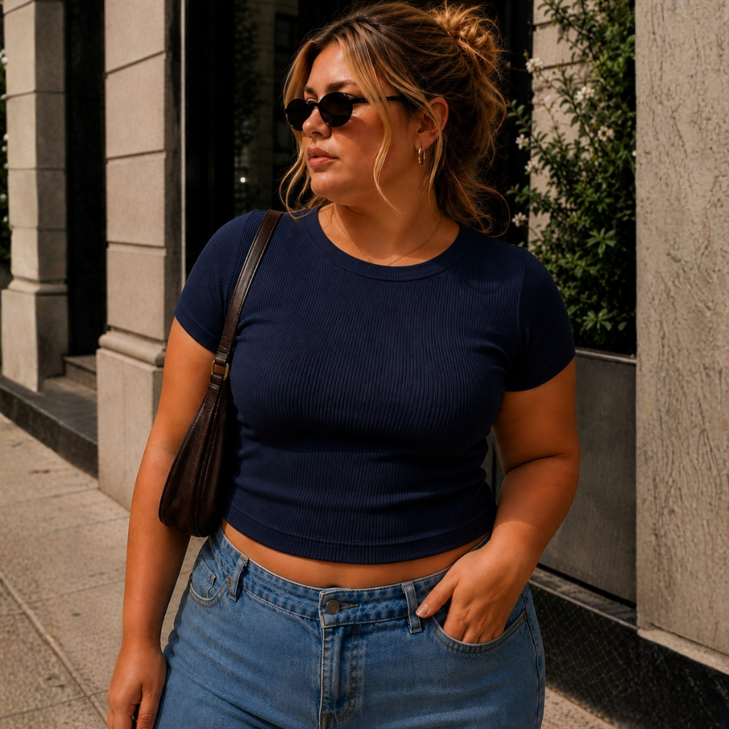 Blusa Feminina Baby Tee Plus Size Gola Careca Canelada