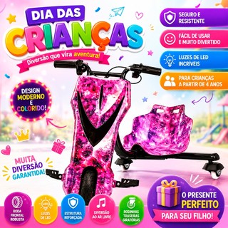 Triciclo Infantil Elétrico Drift com Bluetooth MP3 com Bandeirinha Alta Potência Três Velocidades Ajustáveis