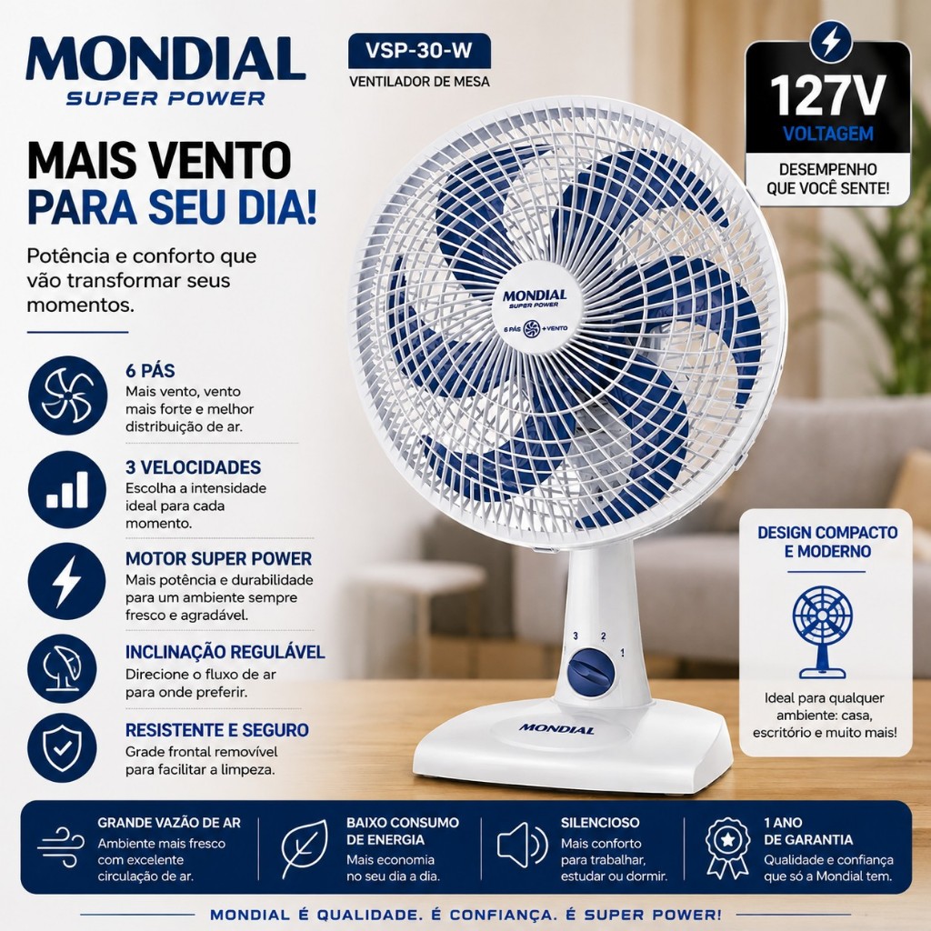 Ventilador de Mesa Mondial Super Power VSP-30-W 30cm 6 Pás 3 Velocidades – 127V