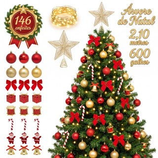 Árvore de Natal Decorada 2,10M 600 Galhos e 146 Enfeites e 1,80M Com 450 Galhos Premium Completa Com Enfeites Decorada