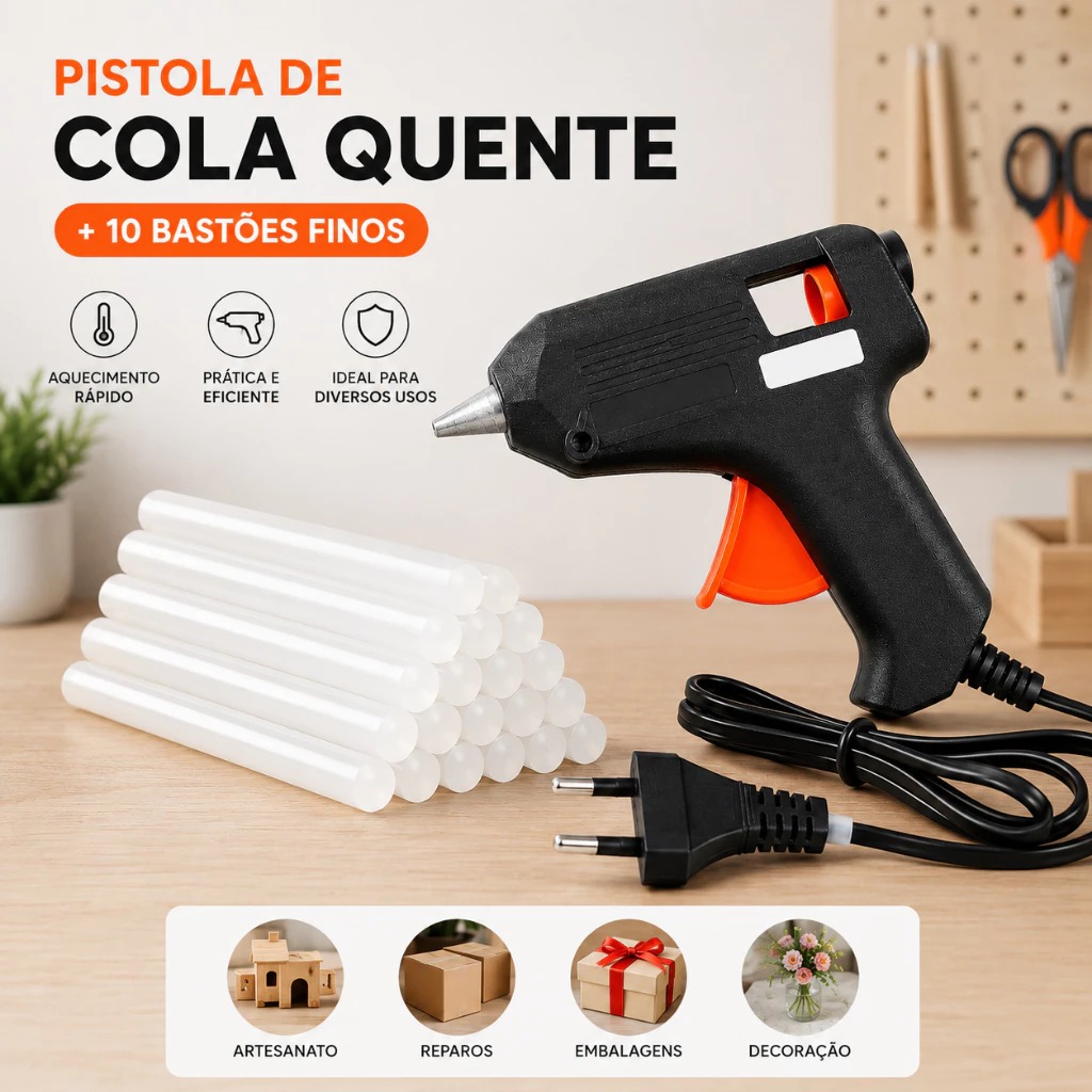 Pistola De Cola Quente Pequena Bivolt + 10 Bastões Finos 7mm LeoArte