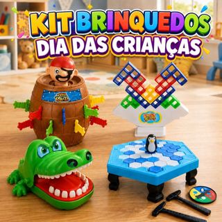 Kit 2 Brinquedos Infantil Completo Dia Das Crianças Pula Pirata Crocodilo Morde dedo Equilíbrio e Quebra Gelo