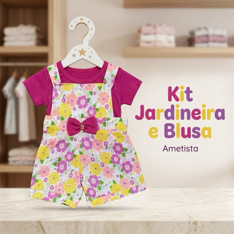 Kit Jardineira Bebê Menina com Blusa de Algodão Macacão Estampado Moda Infantil