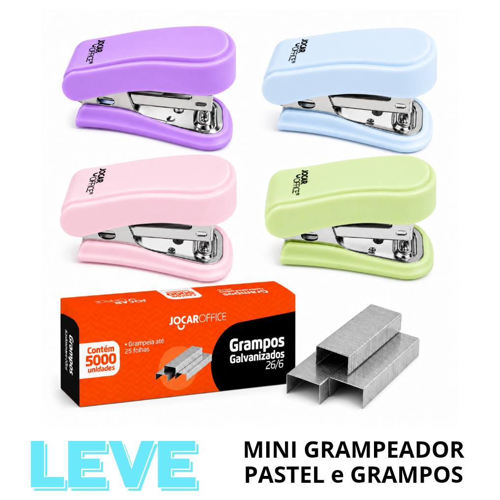 Grampeador Pastel Caixa Grampos 26/6 com 5000 unidades Escritório Escola Papel A4 Grampea 12 fls