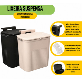 Lixeira Suspensa Balde de Lixo 9 Litros com Adesivo e Alça para Pendurar Rose e Preto Arqplast Toy 25956