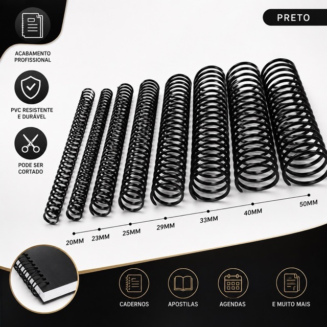 Espiral para Encadernação Preto PVC — 20mm 23mm 25mm 29mm 33mm 40mm 45mm 50mm