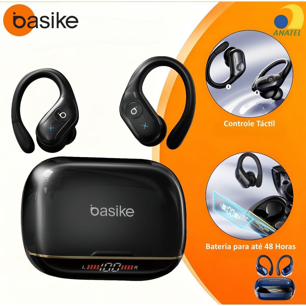 BASIKE Fone de Ouvido Esportivo Bluetooth 6.0, com Cancelamento de Ruído, Gancho Orelha e Bateria de Longa Duração