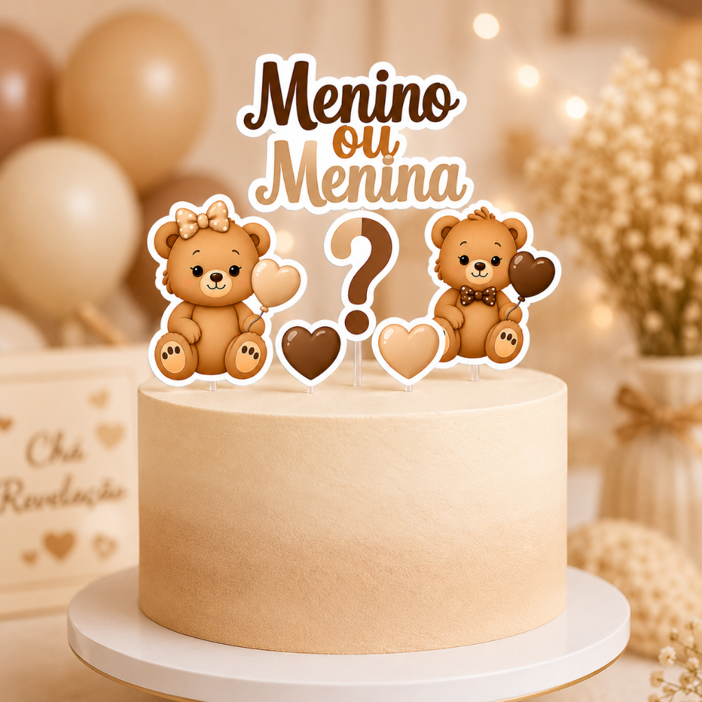 Topo de Bolo Chá Revelação Ursinho Menino ou Menina Bege e Marrom Decoração Festa