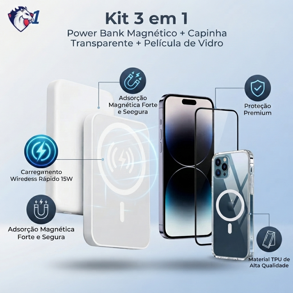 Kit 3em1 - Power Bank Portátil   Pack MagSafe + Capa Magsafe Transparente + Película De Vidro  Para iphone
