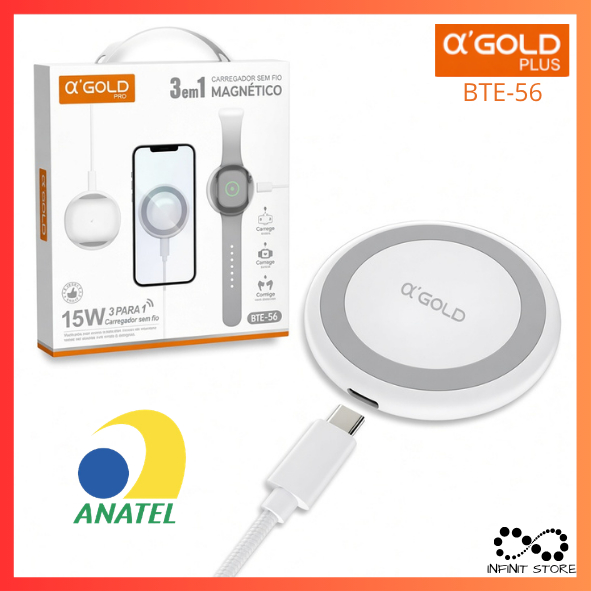 Carregador Magsafe 15W A'Gold Magnético Com Fio 3 em 1 Para IPhone, Fone (Air Po