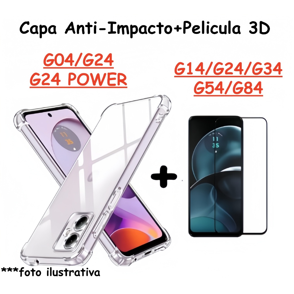 Capa Capinha + Película Vidro 3D Para Moto G04/G14/G24/G24 POWER/G34/G54/G84 Vários Modelos