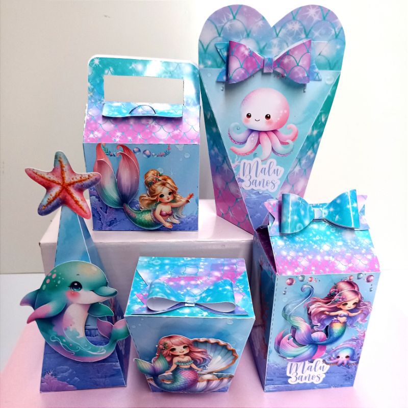 Kit Festa Personalizado Sereia Caixinhas Aniversario Infantil Papel Fotografico 180g Lembrancinha (25, 30 ou 50 Pecas)