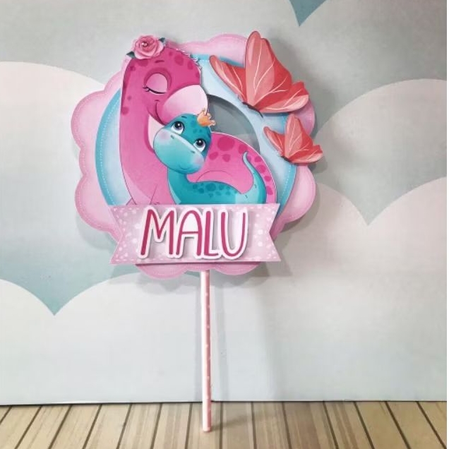 Topo de Bolo Dinossauro Rosa Baby Personalizado Camadas Festa Infantil Menina Decoração Aniversario Mesversario