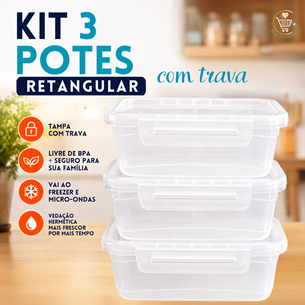 KIT 3 POTES RETANGULAR COM TRAVA - MARMITA PLÁSTICA TRANSPARENTE HERMÉTICO LIVRE DE BPA