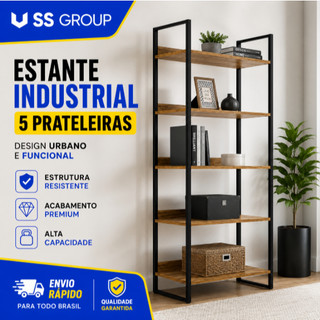 Estante Industrial Madeira Laminada 5 Prateleiras para Livros e Decoração