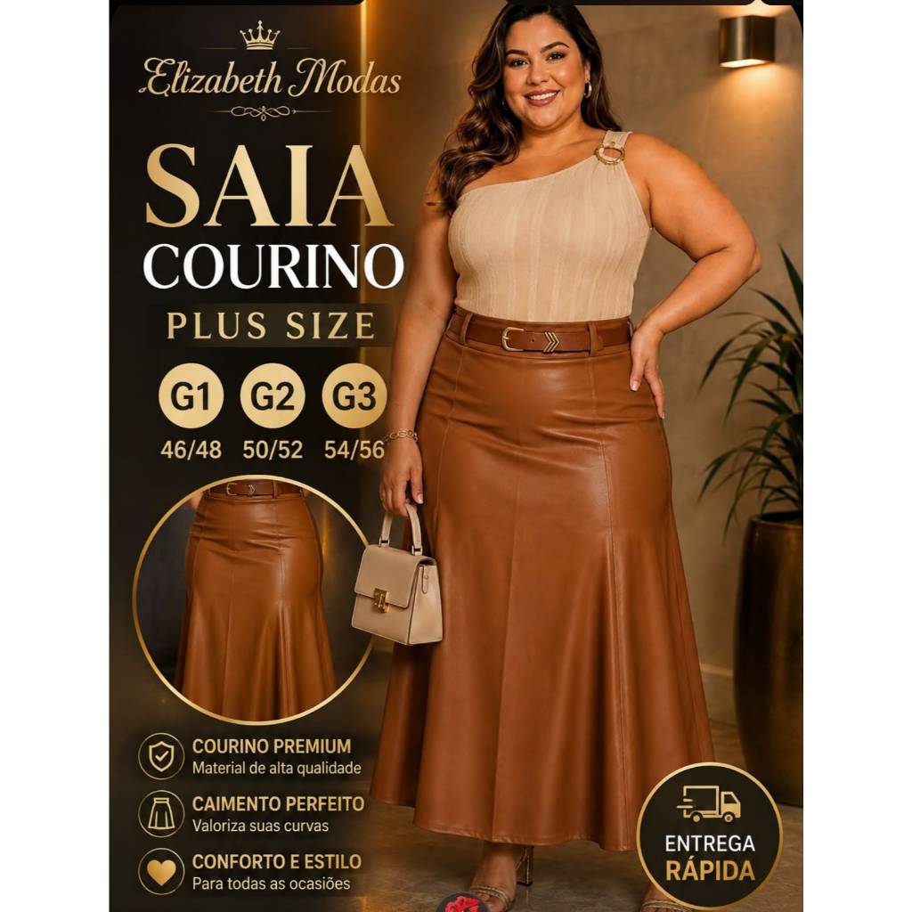 SAIA FEMININA COURINO PLUS SIZE EVASE LONGA ,CINTURA ALTA,COM ZIPER TRASERA SUPER ELEGANTE