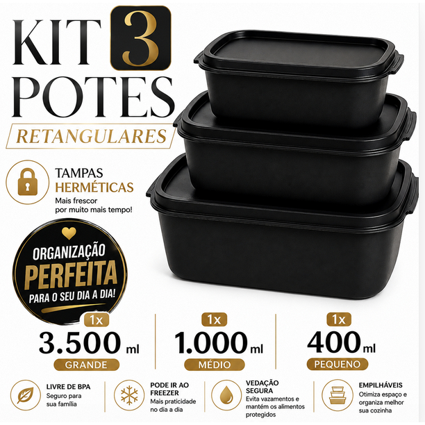 Kit 3 Potes Retangulares Herméticos Plástico (3500ml + 1150ml + 450ml) | Organização Cozinha Alimentos Mantimentos
