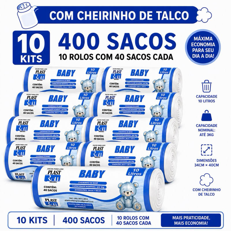 Kit 10 Sacos de Lixo Perfumados Baby Talco Pia e Banheiro | 35x40cm | Neutraliza Odores