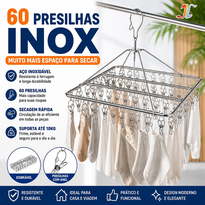 Varal com 40 Prendedores de Aço Inox 304 Reforçado para Calcinhas, Meias e Roupas Íntimas TJ