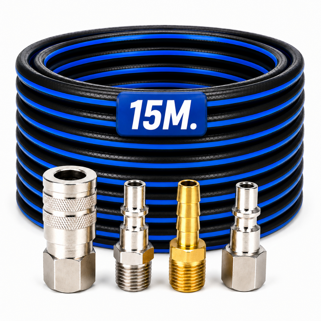 Kit Mangueira de Compressor 15 Metros Com Engate Rapido Conectores PT300 1/4 Ar Rolo Pneumática